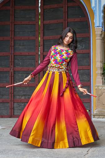 MAROON YELLOW KUTCHI GAMTHI WORK CHINNON NAVRATRI STITCHED LEHENGA CHOLI