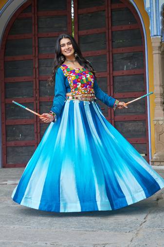 SKY BLUE KUTCHI GAMTHI WORK CHINNON NAVRATRI STITCHED LEHENGA CHOLI