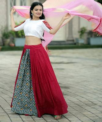 RED WHITE CROCHET EMBROIDERED WORK VISCOSE NAVRATRI STITCHED LEHENGA CHOLI 1