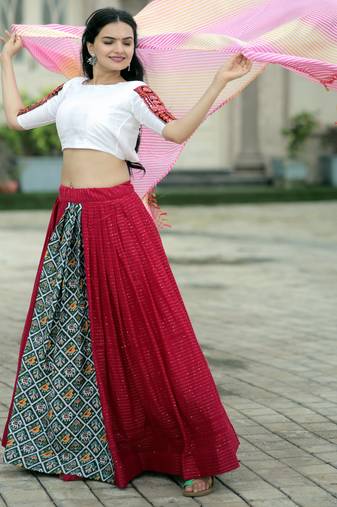 RED WHITE CROCHET EMBROIDERED WORK VISCOSE NAVRATRI STITCHED LEHENGA CHOLI
