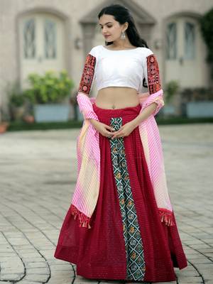RED WHITE CROCHET EMBROIDERED WORK VISCOSE NAVRATRI STITCHED LEHENGA CHOLI 3