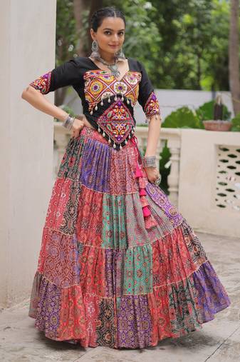 MULTICOLOR PRINT WITH EMBROIDERED WORK COTTON NAVRATRI STITCHED LEHENGA CHOLI
