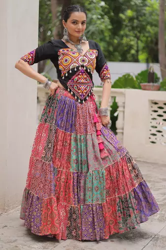 MULTICOLOR PRINT WITH EMBROIDERED WORK COTTON NAVRATRI STITCHED LEHENGA CHOLI