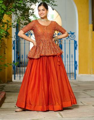 ORANGE EMBROIDERED WORK FENDY SILK ONAM  STITCHED LEHENGA CHOLI 1