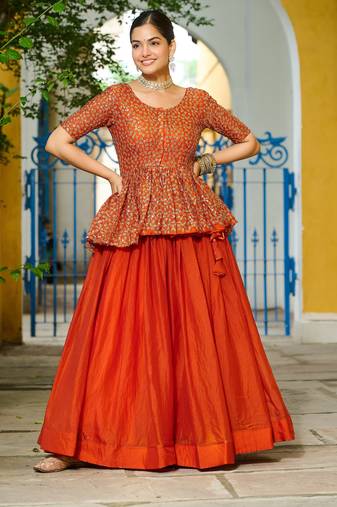 ORANGE EMBROIDERED WORK FENDY SILK ONAM  STITCHED LEHENGA CHOLI