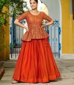 ORANGE EMBROIDERED WORK FENDY SILK ONAM  STITCHED LEHENGA CHOLI