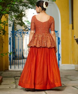 ORANGE EMBROIDERED WORK FENDY SILK ONAM  STITCHED LEHENGA CHOLI 3