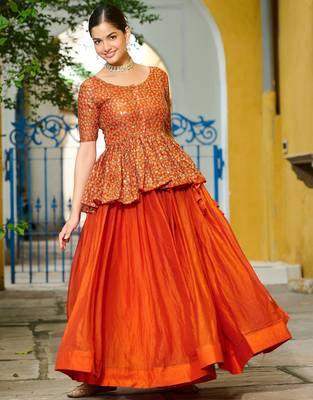 ORANGE EMBROIDERED WORK FENDY SILK ONAM  STITCHED LEHENGA CHOLI 4