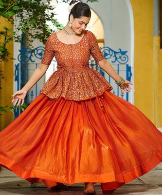 ORANGE EMBROIDERED WORK FENDY SILK ONAM  STITCHED LEHENGA CHOLI 5