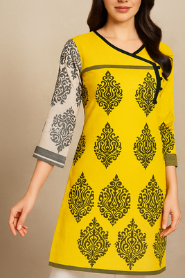 Yellow Block  Printed Cotton Kurta   1