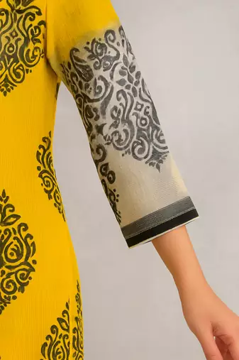 Yellow Block  Printed Cotton Kurta  