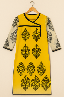 Yellow Block  Printed Cotton Kurta   3