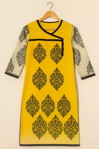 Yellow Block  Printed Cotton Kurta  