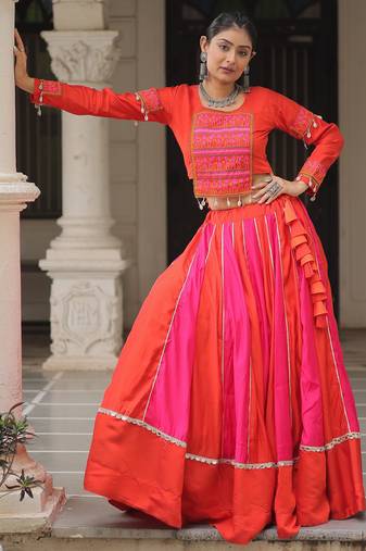 ORANGE PINK THREAD MIRROR EMBROIDERED ROMAN SILK STITCHED LEHENGA CHOLI