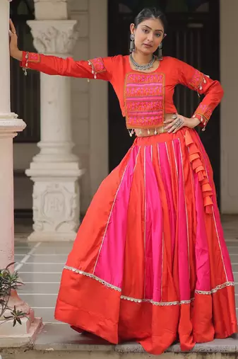 ORANGE PINK THREAD MIRROR EMBROIDERED ROMAN SILK STITCHED LEHENGA CHOLI