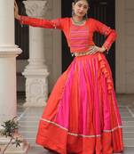 ORANGE PINK THREAD MIRROR EMBROIDERED ROMAN SILK STITCHED LEHENGA CHOLI