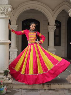 PINK YELLOW THREAD MIRROR EMBROIDERED ROMAN SILK STITCHED LEHENGA CHOLI 1