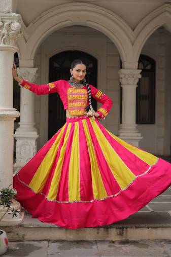 PINK YELLOW THREAD MIRROR EMBROIDERED ROMAN SILK STITCHED LEHENGA CHOLI