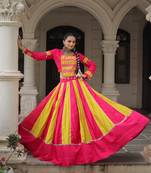 PINK YELLOW THREAD MIRROR EMBROIDERED ROMAN SILK STITCHED LEHENGA CHOLI