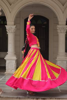 PINK YELLOW THREAD MIRROR EMBROIDERED ROMAN SILK STITCHED LEHENGA CHOLI 4
