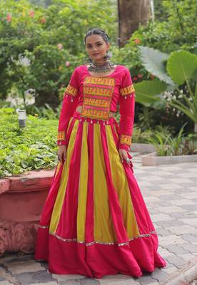 PINK YELLOW THREAD MIRROR EMBROIDERED ROMAN SILK STITCHED LEHENGA CHOLI 5