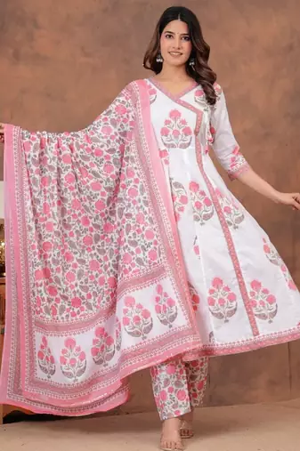 Premium quality beautiful pinkish hand block print cotton full flair anarkali sets