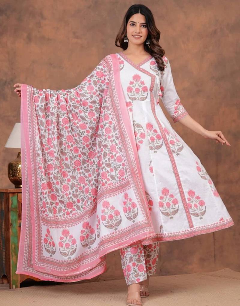 Premium quality beautiful pinkish hand block print cotton full flair anarkali sets