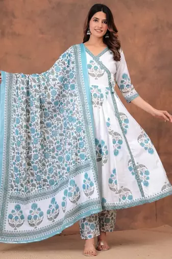 Premium quality beautiful pinkish hand block print cotton full flair anarkali sets