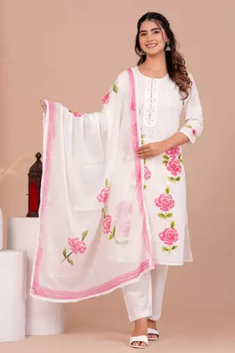 Premium quality beautiful cotton schiffli with lining kurta crafted pink floral with amazing embroidery work.