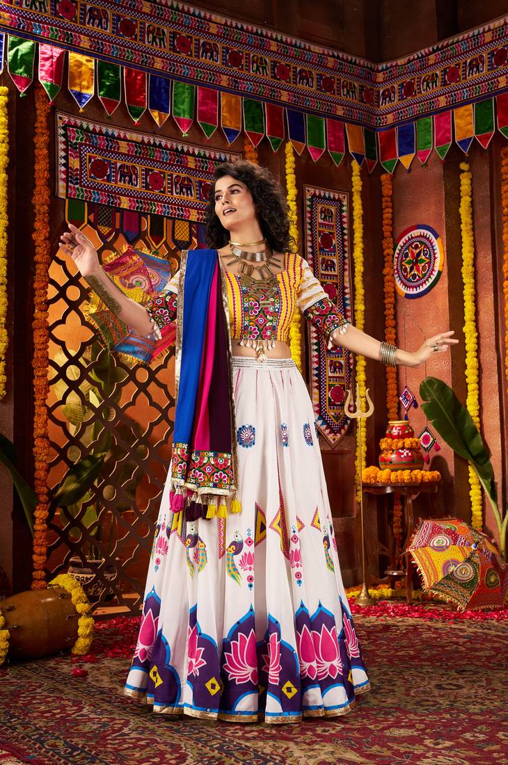 White Lotus-Print Cotton Navratri Lehenga Choli with Mirror Sleeves & Blue Dupatta Garba Dress for Women