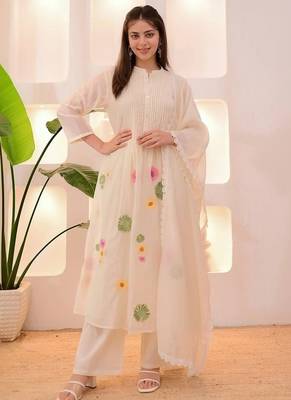 Premium quality beautiful ivory pastel garden threadwork mul chanderi suit 2