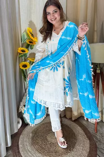 Jaipuri pure yellow cotton shiflly+lino fabric party wear dress with shiffon lahariya dupatta set