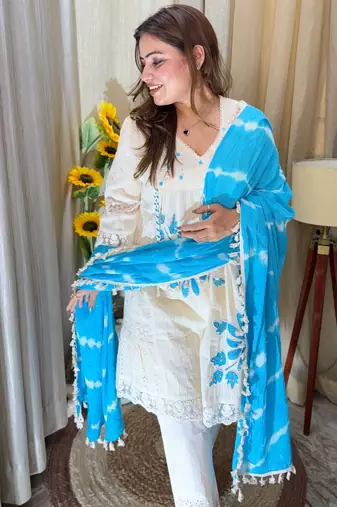 Jaipuri pure yellow cotton shiflly+lino fabric party wear dress with shiffon lahariya dupatta set