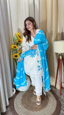 Jaipuri pure yellow cotton shiflly+lino fabric party wear dress with shiffon lahariya dupatta set 5
