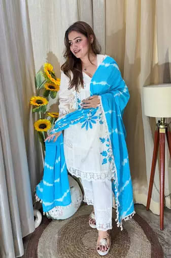Jaipuri pure yellow cotton shiflly+lino fabric party wear dress with shiffon lahariya dupatta set