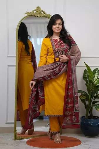 Women floral printed cotton kurta with trouser & dupatta