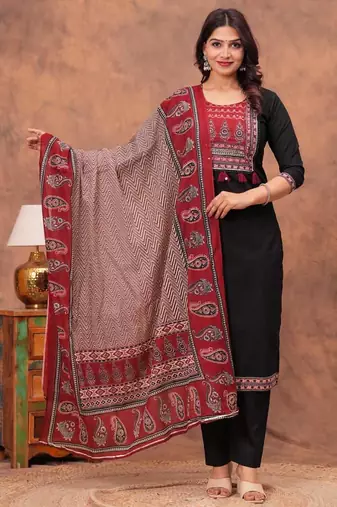 Women floral printed cotton kurta with trouser & dupatta
