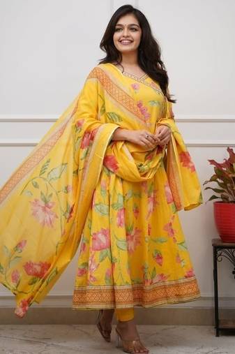 Yellow floral printed anarkali kurta set with dupatta