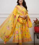 Yellow floral printed anarkali kurta set with dupatta