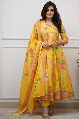 Yellow floral printed anarkali kurta set with dupatta