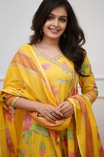 Yellow floral printed anarkali kurta set with dupatta