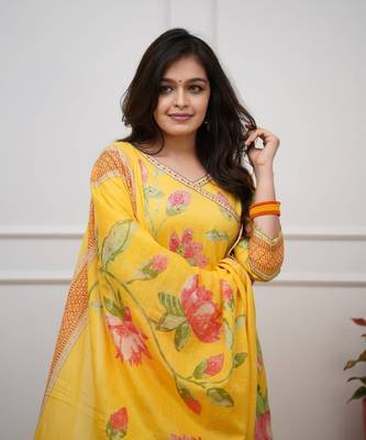 Yellow floral printed anarkali kurta set with dupatta 4