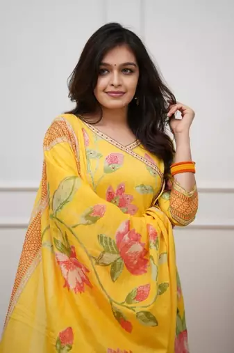 Yellow floral printed anarkali kurta set with dupatta