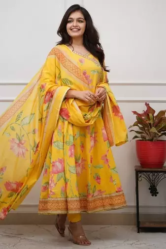 Yellow floral printed anarkali kurta set with dupatta