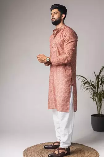 Light brown color blended linen weaved kurta for festive