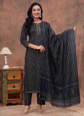 Bagru hand block printed cotton suit set for women kurti, pant & dupatta ethnic wear 1