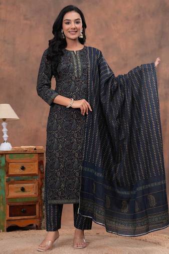 Bagru hand block printed cotton suit set for women kurti, pant & dupatta ethnic wear