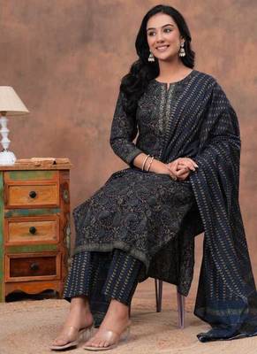 Bagru hand block printed cotton suit set for women kurti, pant & dupatta ethnic wear 2