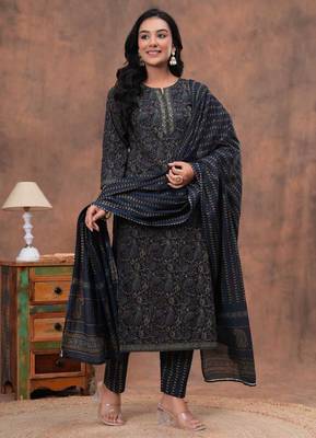 Bagru hand block printed cotton suit set for women kurti, pant & dupatta ethnic wear 3
