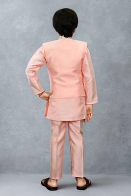 Boys cotton silk geometric patchwork embroidered kurta set- blush peach 5